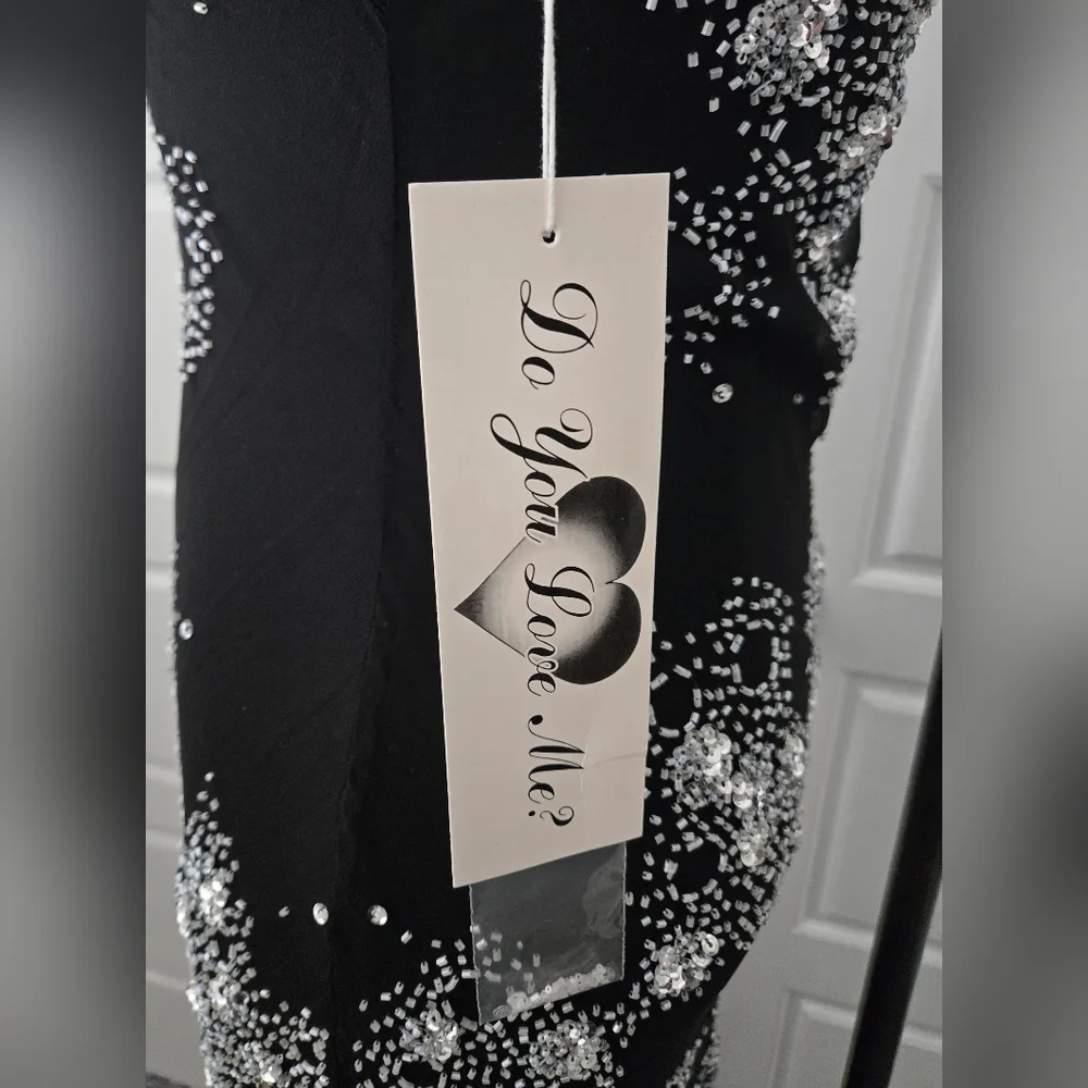 Asymmetrical Beaded Chiffon Black and White Formal Dress - Picture 7 of 8